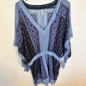 Free People Womens Blue Floral Kimono Pullover Blouse Top Medium